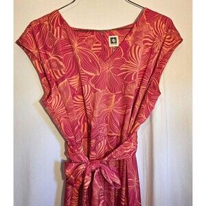 Anne Klein Pink Tropical Floral Maxi Dress Women’s Size 14 Tie Waist Pockets